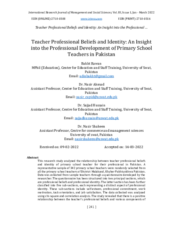 (PDF) Teacher Professional Beliefs and Identity: An Insight into the ...