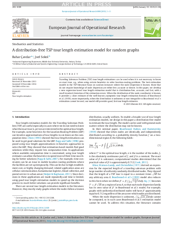 (PDF) A distribution-free TSP tour length estimation model for random ...