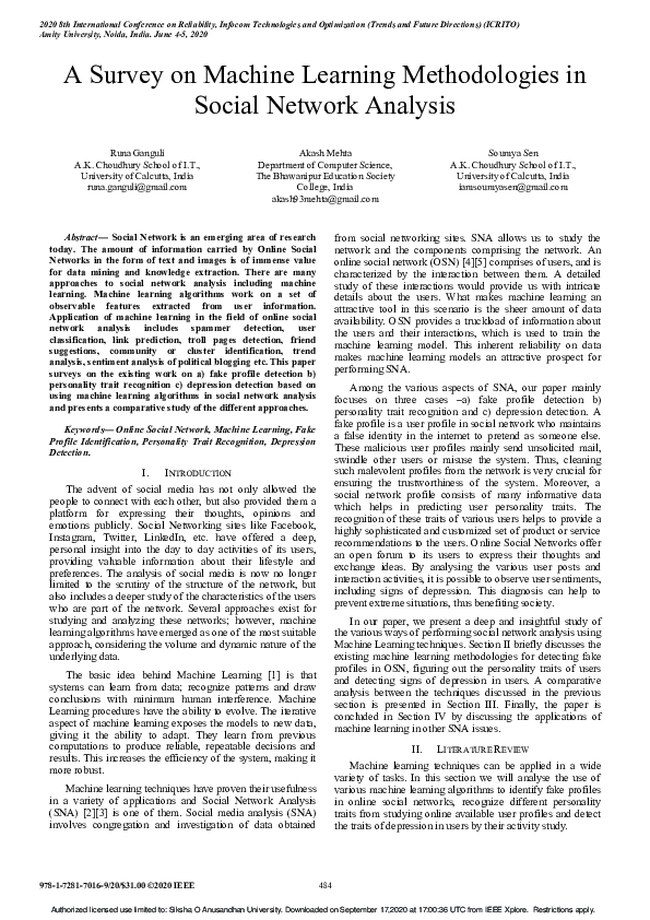 (PDF) A Survey on Machine Learning Methodologies in Social Network Analysis