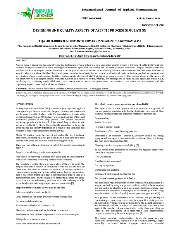 (PDF) DESIGNING AND QUALITY ASPECTS OF ASEPTIC PROCESS SIMULATION ...