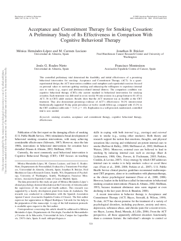 (PDF) Acceptance and commitment therapy for smoking cessation A