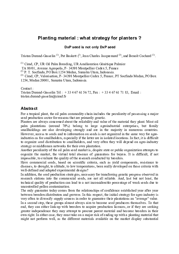 (PDF) Planting material : what strategy for planters ? : DxP seed is ...