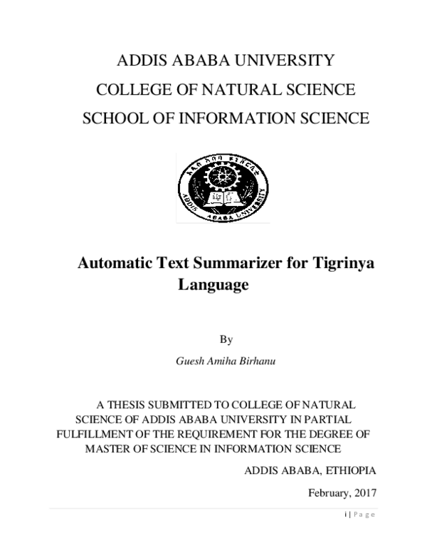 Pdf Automatic Text Summarizer For Tigrinya Language