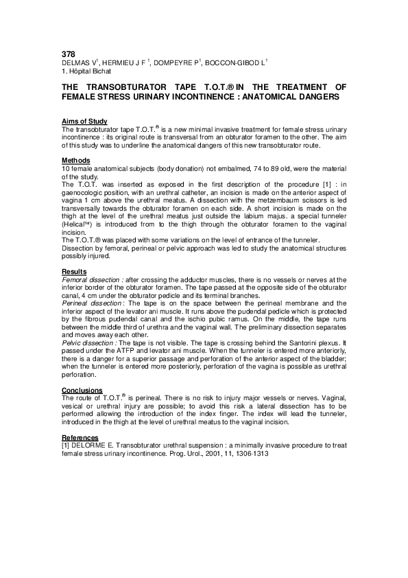(PDF) The transobturator tape TOT® in the treatment of female stress ...