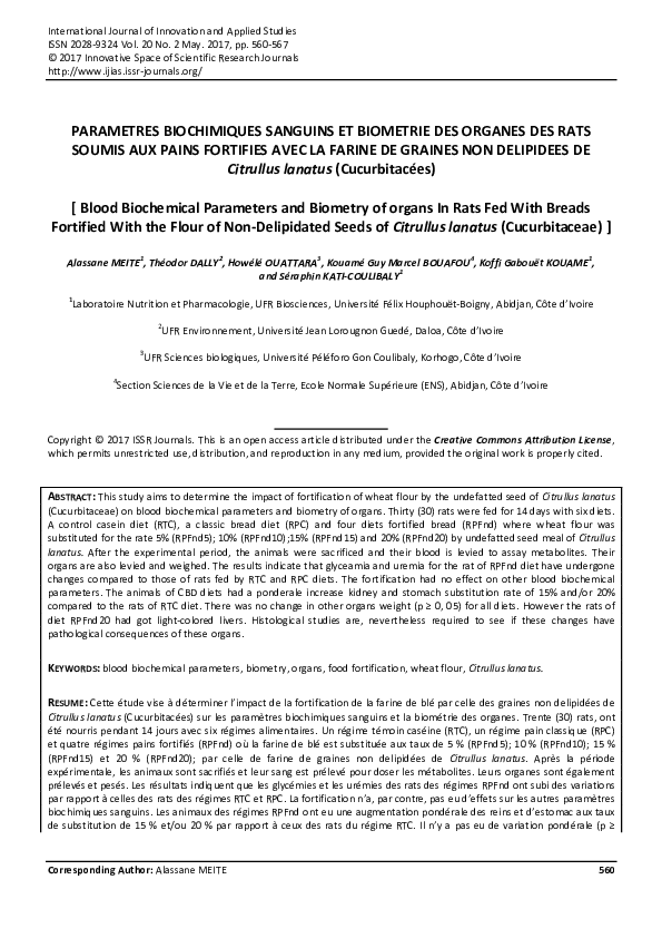 (PDF) Blood Biochemical Parameters and Biometry of organs In Rats Fed ...