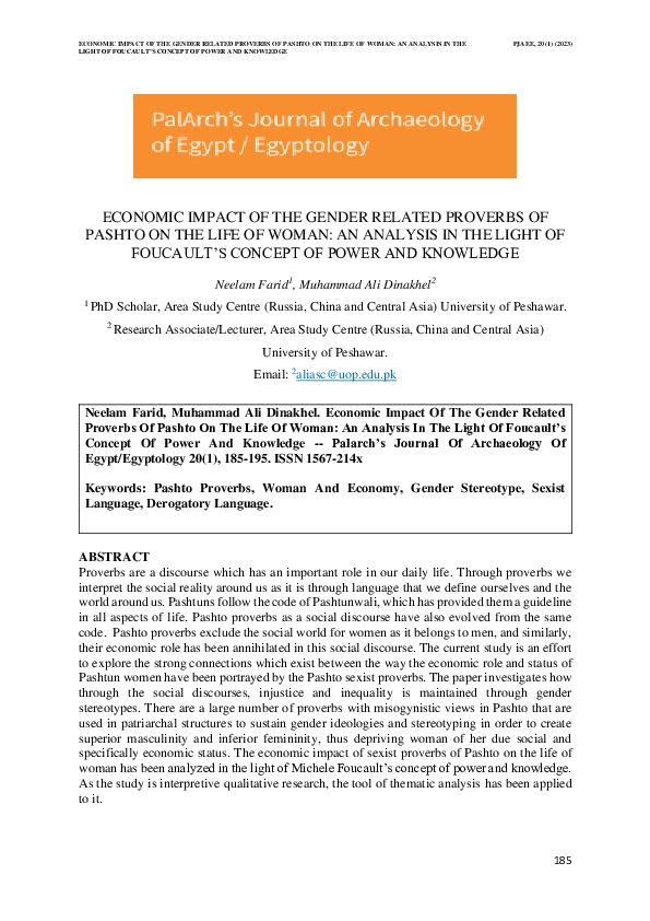 PDF) ECONOMIC IMPACT OF THE GENDER RELATED PROVERBS OF PASHTO ON 