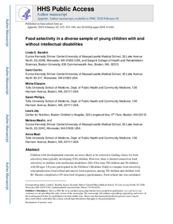 (PDF) Food selectivity in a diverse sample of young children with and ...