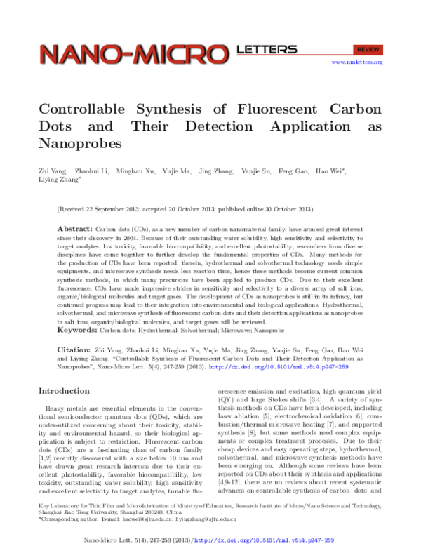 (PDF) Controllable Synthesis of Fluorescent Carbon Dots and Their ...
