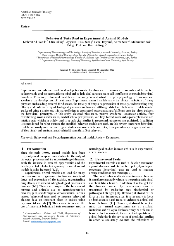 (PDF) Behavioral Tests Used in Experimental Animal Models