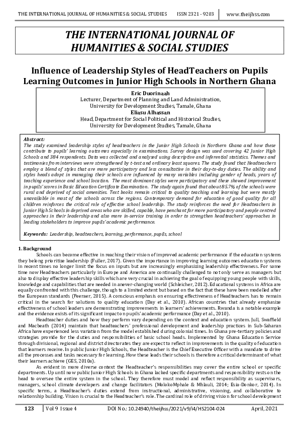 (PDF) Influence of Leadership Styles of HeadTeachers on Pupils Learning ...