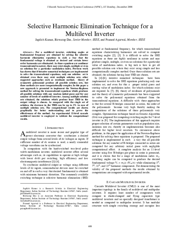 (PDF) Selective Harmonic Elimination Technique for a Multilevel Inverter