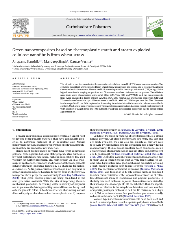 (PDF) Green nanocomposites based on thermoplastic starch and steam ...