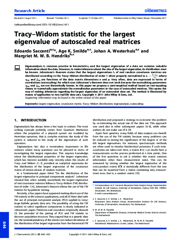 (PDF) Tracy-Widom statistic for the largest eigenvalue of autoscaled ...