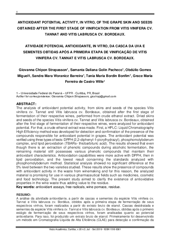 (PDF) Antioxidant Potential Activity, in Vitro, of the Grape Skin and ...