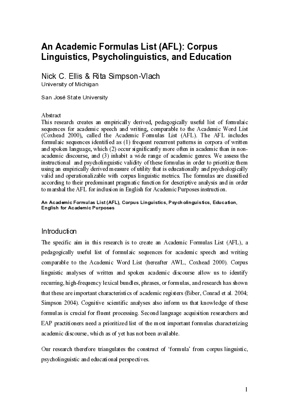 (PDF) An Academic Formulas List (AFL): Corpus Linguistics ...