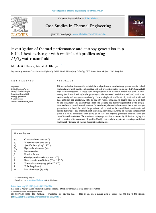 (PDF) Investigation of thermal performance and entropy generation in a ...