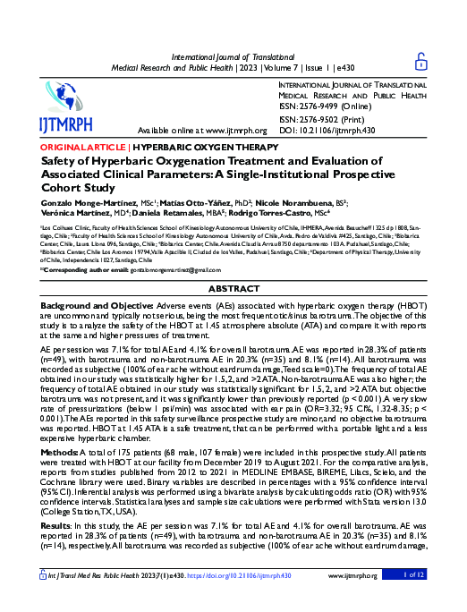 (PDF) Safety of Hyperbaric Oxygenation Treatment and Evaluation of ...