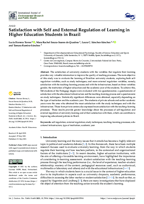 (PDF) Satisfaction with Self and External Regulation of Learning in ...