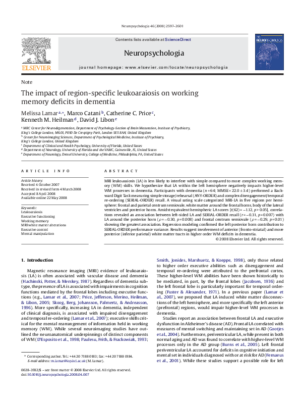 (PDF) The impact of region-specific leukoaraiosis on working memory ...