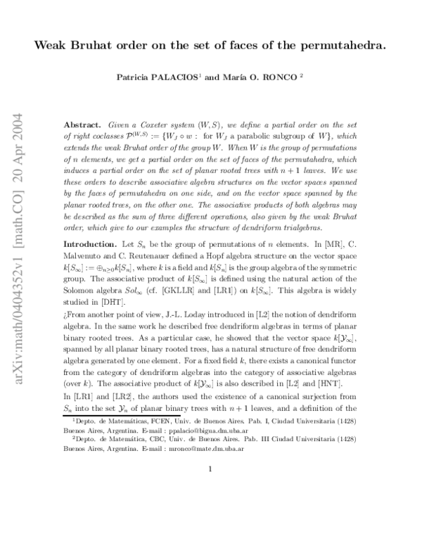 (PDF) Weak Bruhat order on the set of faces of the permutahedra