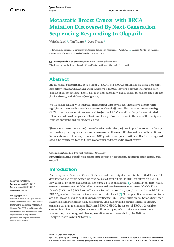 Metastatic Breast Cancer with BRCA Mutation Discovered By Next-Generation Sequencing Responding to Olaparib