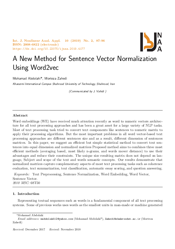 (PDF) A New Method for Sentence Vector Normalization Using Word2vec