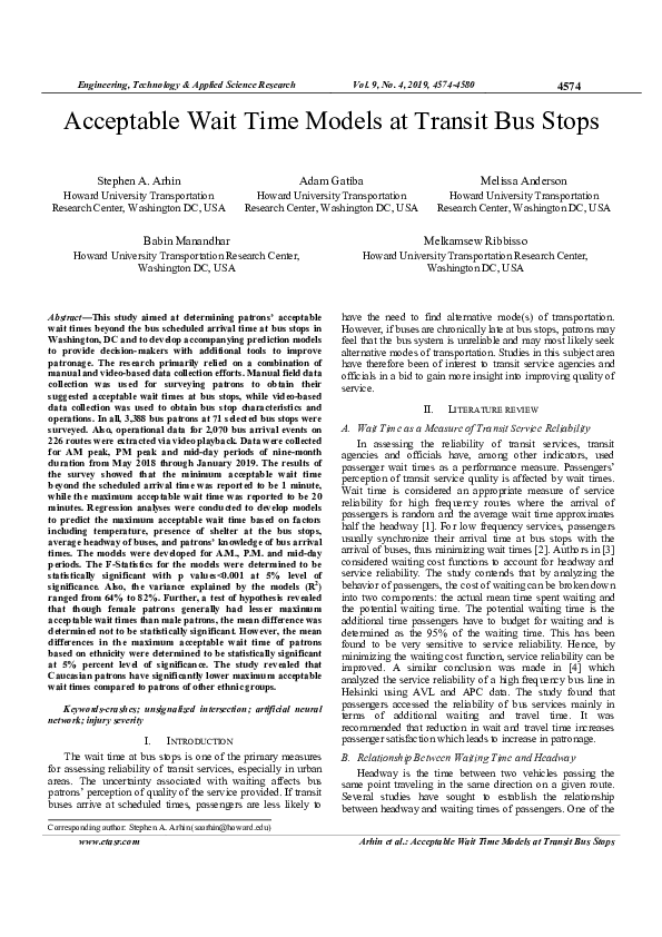 (PDF) Acceptable Wait Time Models at Transit Bus Stops