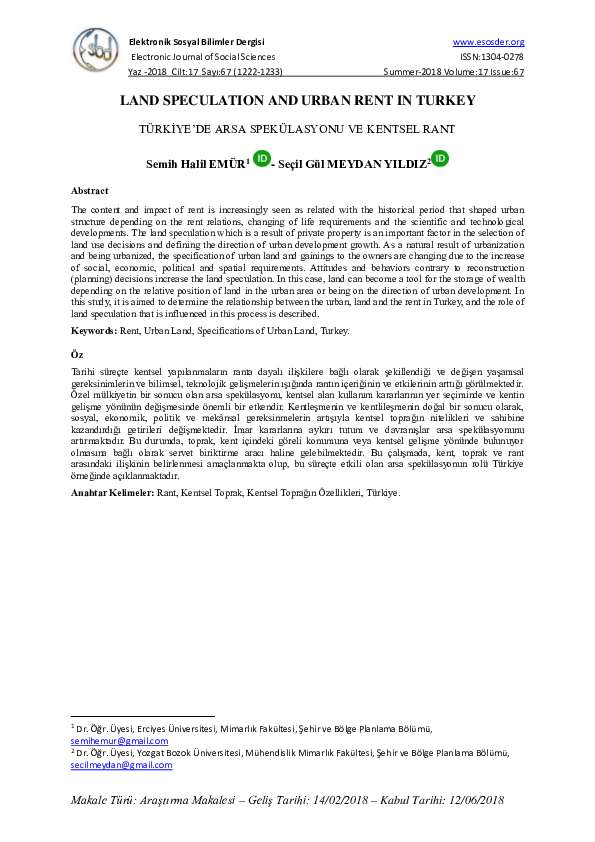 (PDF) Land Speculation and Urban Rent in Turkey Dr. Semih Halil EMÜR