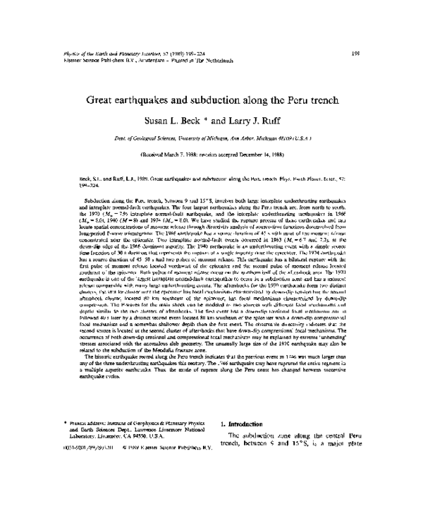 (PDF) Great earthquakes and subduction along the Peru trench
