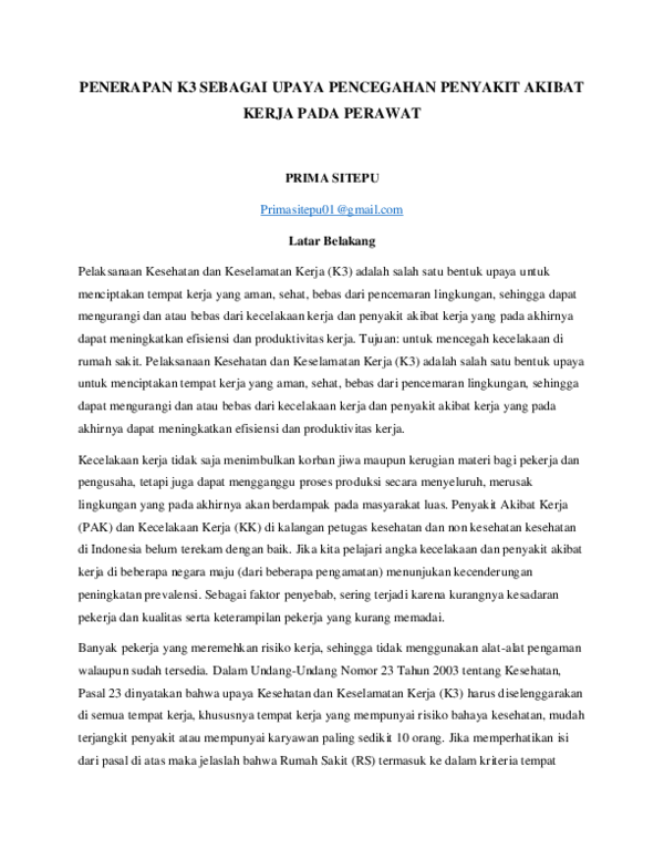 Pdf Penerapan K3 Sebagai Upaya Pencegahan Penyakit Akibat Kerja Pada