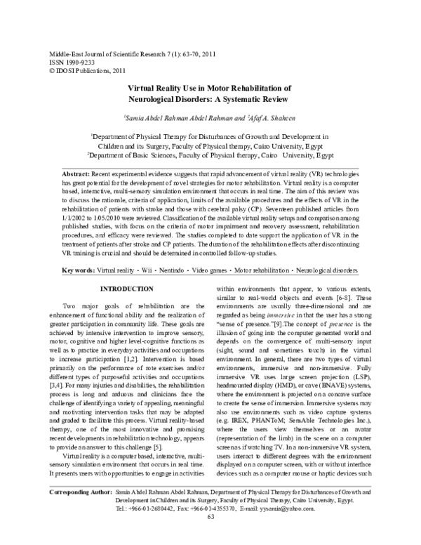 (PDF) Virtual Reality Use in Motor Rehabilitation of Neurological ...