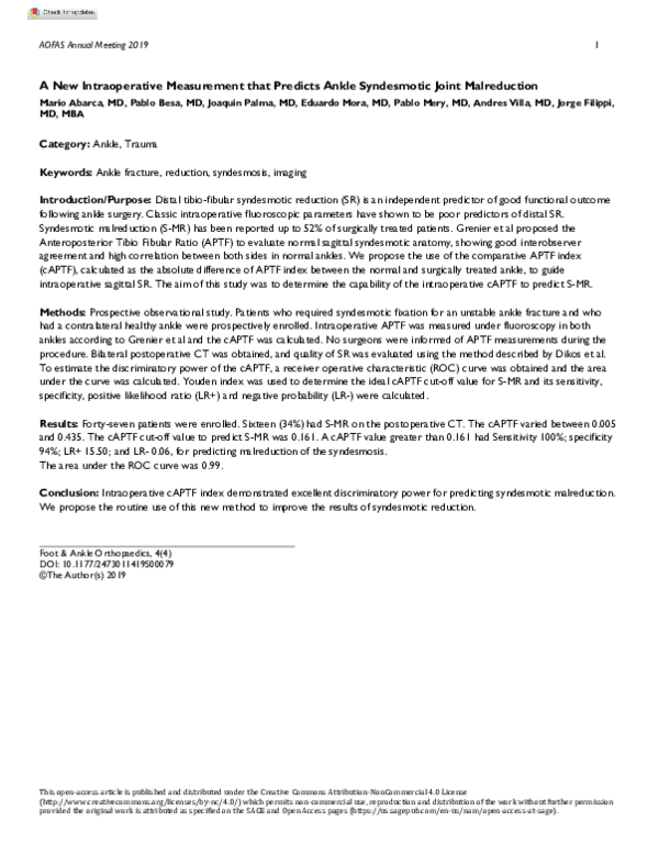A New Intraoperative Measurement that Predicts Ankle Syndesmotic Joint Malreduction