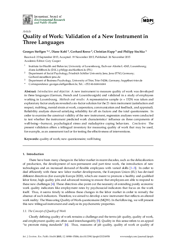 (PDF) Quality of Work: Validation of a New Instrument in Three Languages
