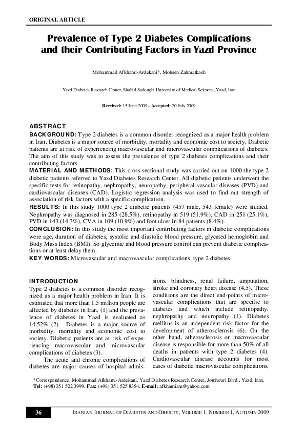 (PDF) Prevalence of Type 2 Diabetes Complications and their ...