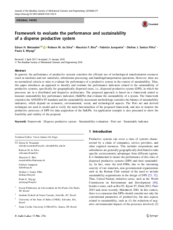 (PDF) Framework to evaluate the performance and sustainability of a ...