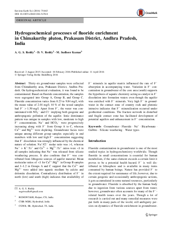 (PDF) Hydrogeochemical processes of fluoride enrichment in Chimakurthy ...
