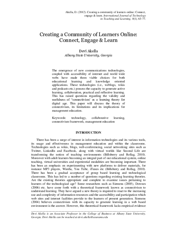 (PDF) Creating a Community of Learners Online: Connect, Engage & Learn
