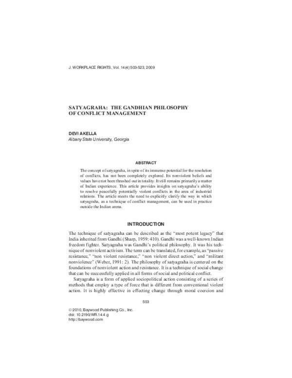 (PDF) Satyagraha: The Gandhian Philosophy of Conflict Management