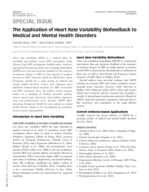 (PDF) The Application of Heart Rate Variability Biofeedback to Medical ...