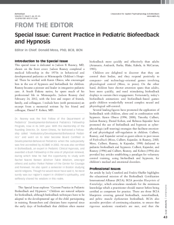 (PDF) Special Issue: Current Practice in Pediatric Biofeedback and Hypnosis