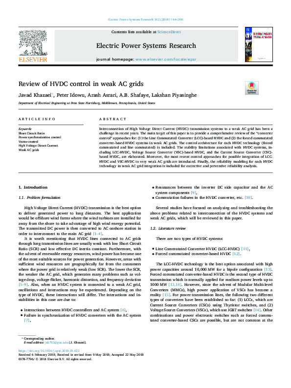 (PDF) Review of HVDC control in weak AC grids