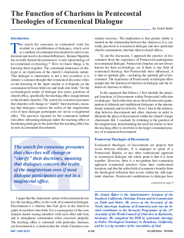 (PDF) The Function of Charisms in Pentecostal Theologies of Ecumenical ...