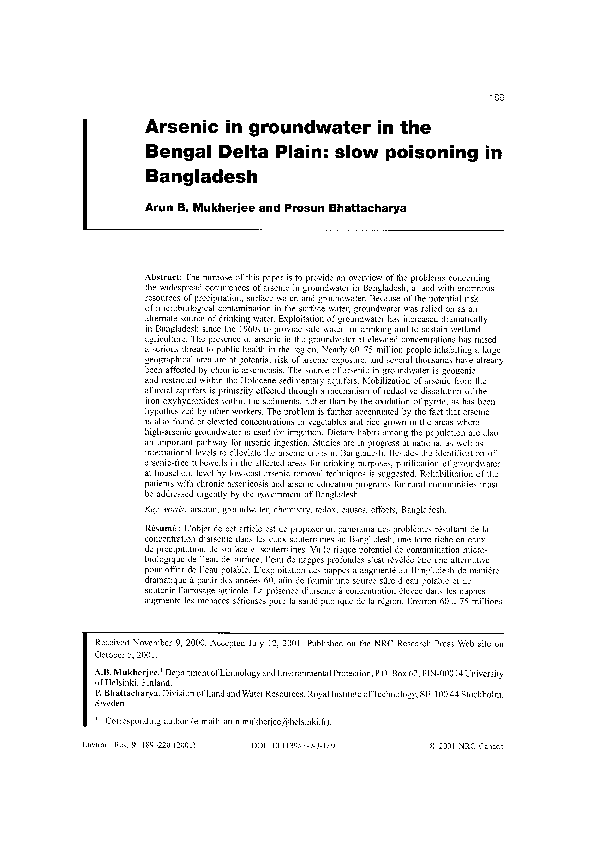 (PDF) Arsenic in groundwater in the Bengal Delta Plain: slow poisoning ...