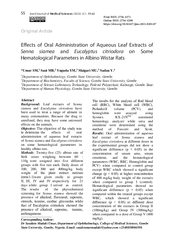 (PDF) Effects Of Oral Administration Of Aqueous Leaf Extracts Of Senna ...