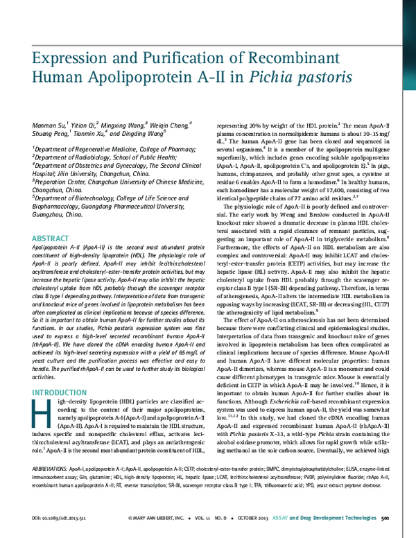 (PDF) Expression and Purification of Recombinant Human Apolipoprotein A ...