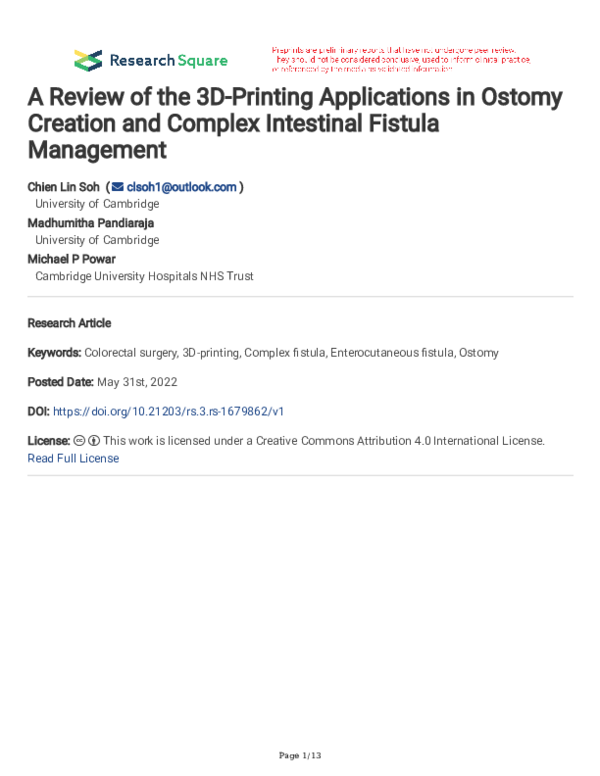 (PDF) A Review of the 3DPrinting Applications in Ostomy Creation and