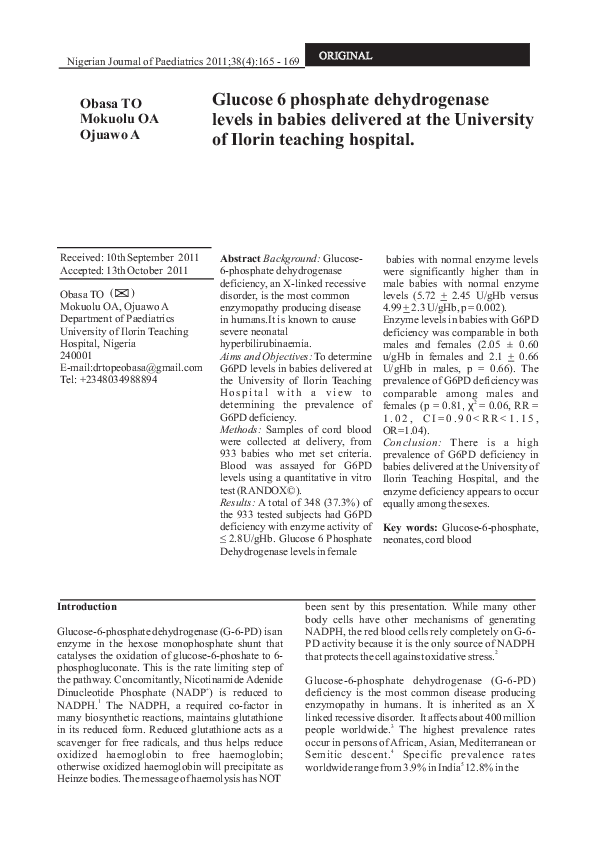 (PDF) Glucose 6 phosphate dehydrogenase levels in babies delivered at ...