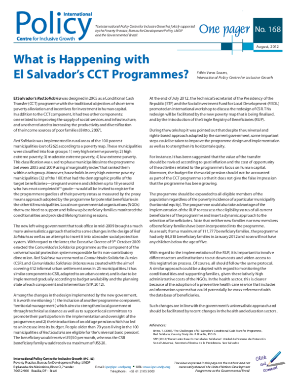 (PDF) What is Happening with El Salvador?s CCT Programmes?