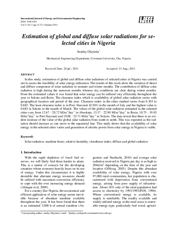 (PDF) Estimation of Global and Diffuse Solar Radiation for Hyderabad ...
