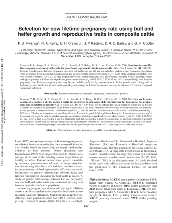 (PDF) Selection for cow lifetime pregnancy rate using bull and heifer ...